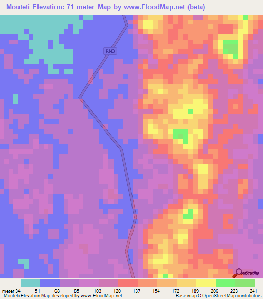 Mouteti,Gabon Elevation Map