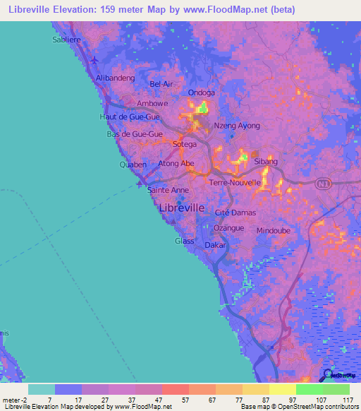 Libreville,Gabon Elevation Map