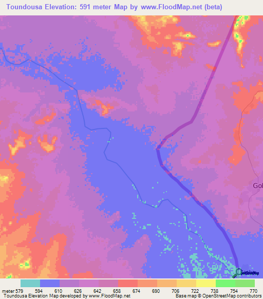Toundousa,Chad Elevation Map