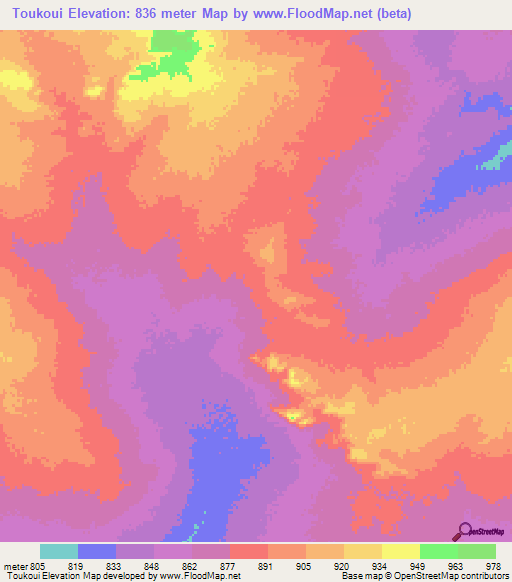 Toukoui,Chad Elevation Map