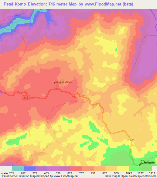 Petel Komo,Guinea Elevation Map