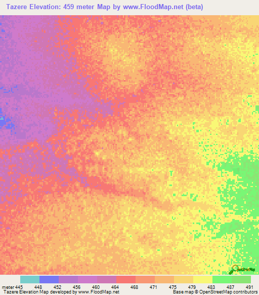 Tazere,Chad Elevation Map