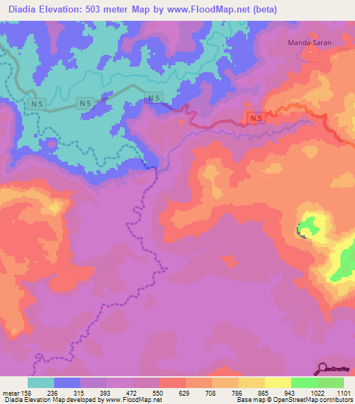Diadia,Guinea Elevation Map