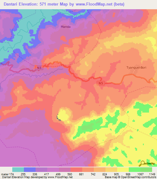 Dantari,Guinea Elevation Map