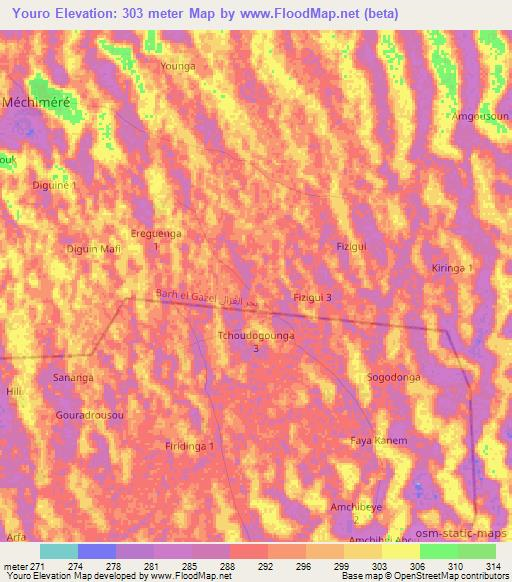 Youro,Chad Elevation Map