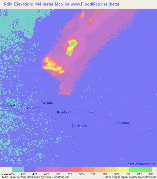 Ndin,Chad Elevation Map