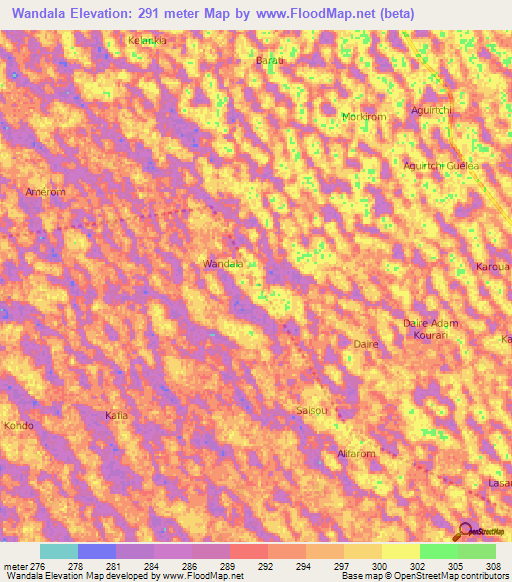Wandala,Chad Elevation Map