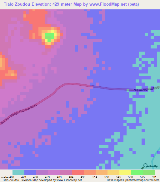 Tialo Zoudou,Chad Elevation Map