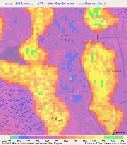 Tandal Bol,Chad Elevation Map