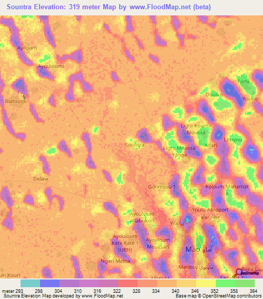 Sountra,Chad Elevation Map