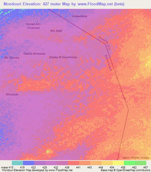 Mondouri,Chad Elevation Map