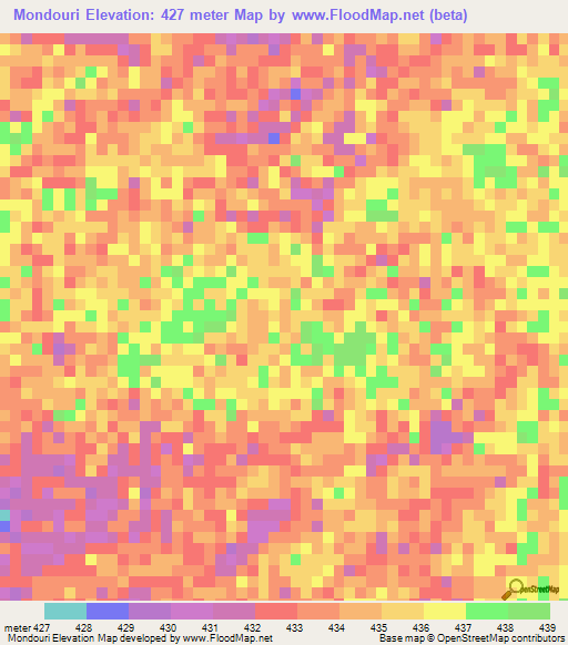 Mondouri,Chad Elevation Map