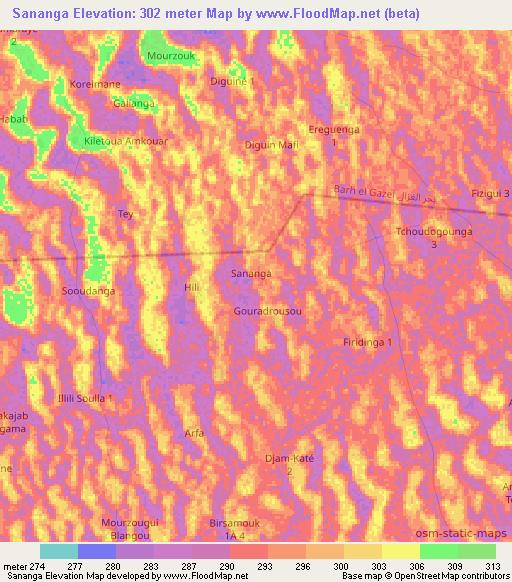 Sananga,Chad Elevation Map