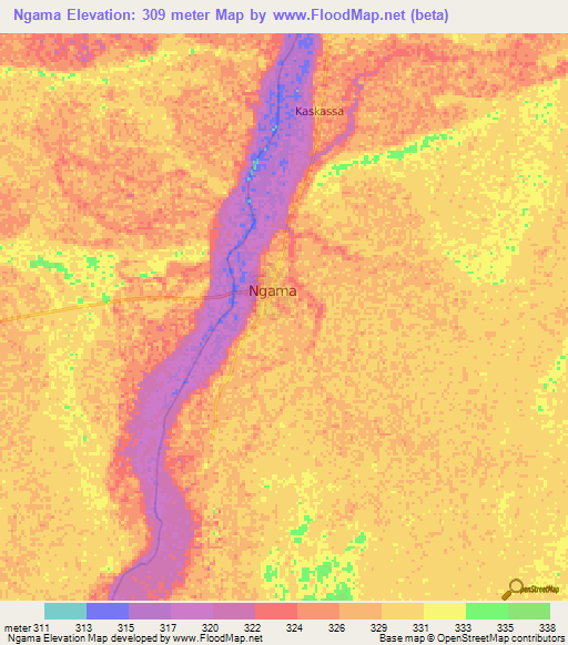 Ngama,Chad Elevation Map