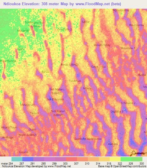 Ndioukoa,Chad Elevation Map