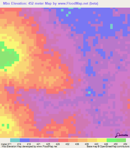 Mbo,Chad Elevation Map