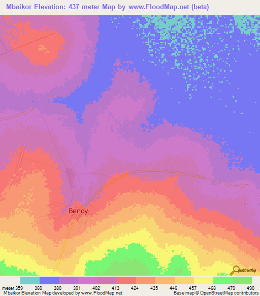 Mbaikor,Chad Elevation Map