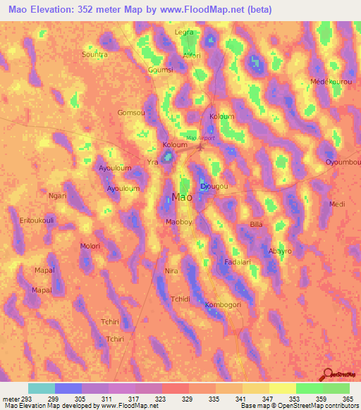 Mao,Chad Elevation Map