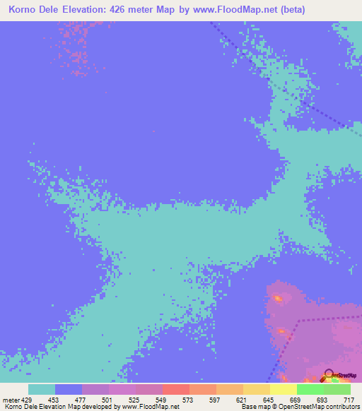 Korno Dele,Chad Elevation Map