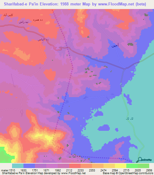 Sharifabad-e Pa'in,Iran Elevation Map