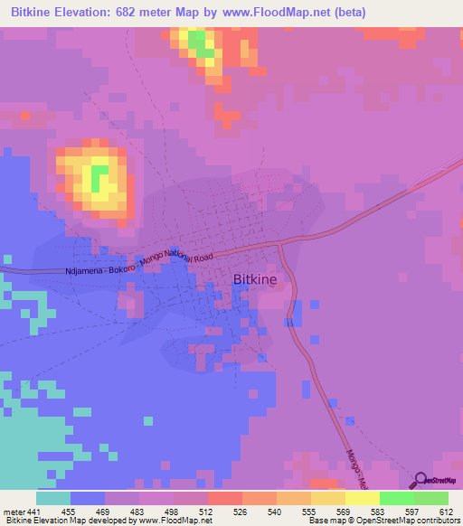 Bitkine,Chad Elevation Map