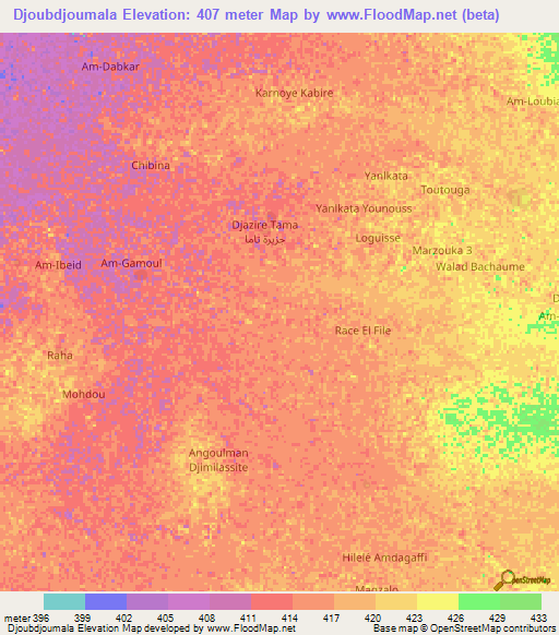 Djoubdjoumala,Chad Elevation Map