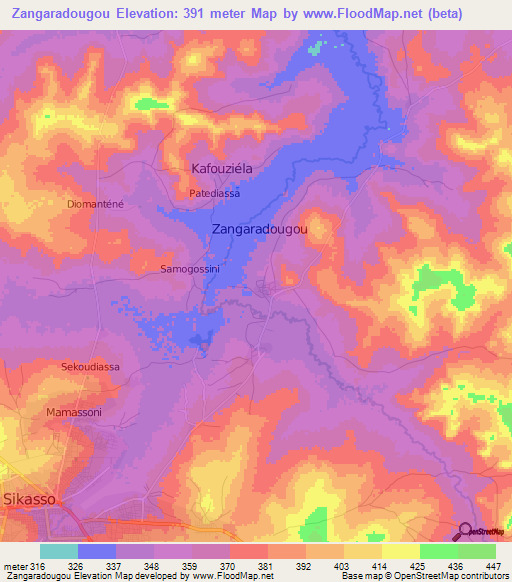 Zangaradougou,Mali Elevation Map