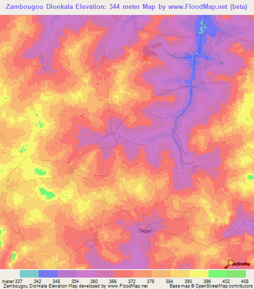 Zambougou Dionkala,Mali Elevation Map