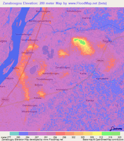 Zanabougou,Mali Elevation Map