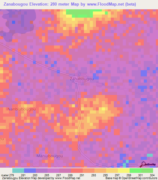 Zanabougou,Mali Elevation Map