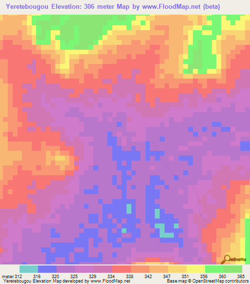 Yeretebougou,Mali Elevation Map