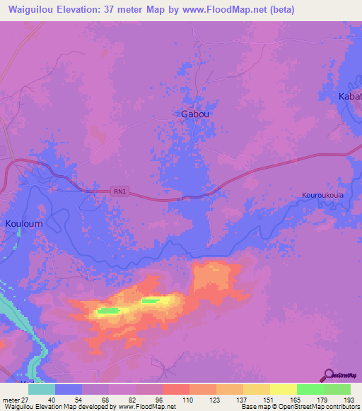 Waiguilou,Mali Elevation Map