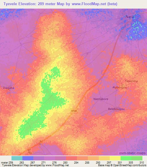Tyevele,Mali Elevation Map