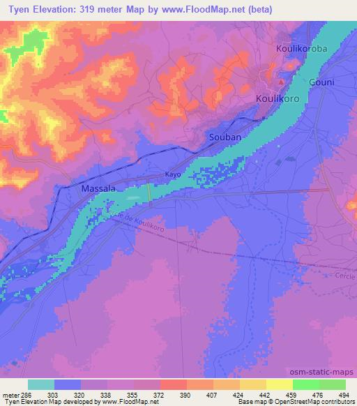 Tyen,Mali Elevation Map