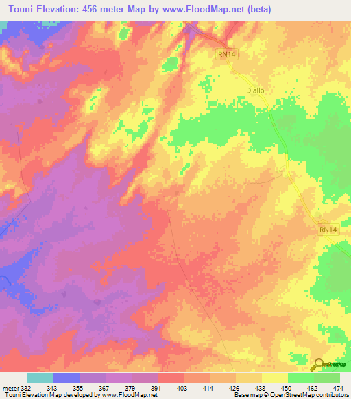 Touni,Mali Elevation Map
