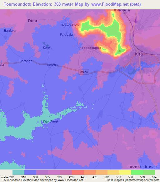 Toumoundoto,Mali Elevation Map