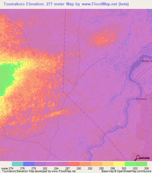 Toumakoro,Mali Elevation Map