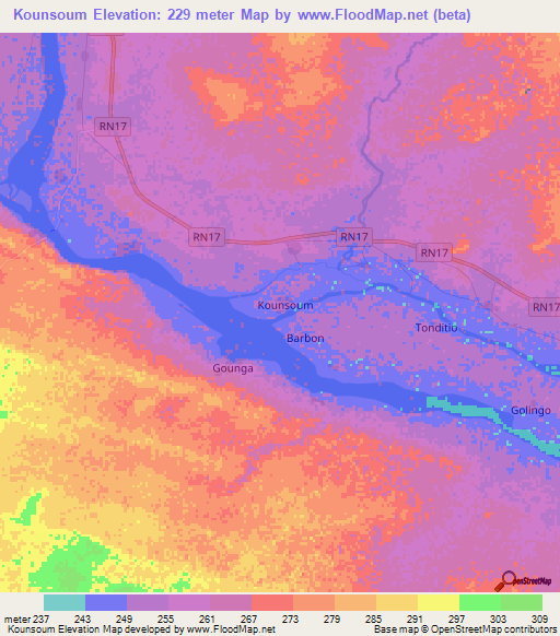 Kounsoum,Mali Elevation Map