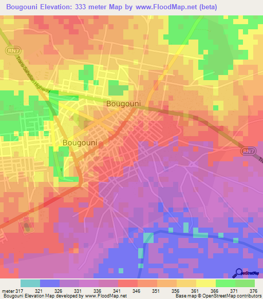 Bougouni,Mali Elevation Map