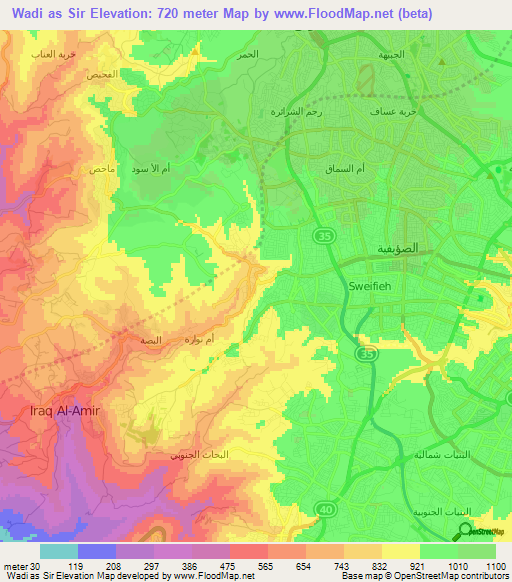 Wadi as Sir,Jordan Elevation Map