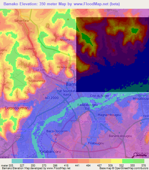 Bamako,Mali Elevation Map