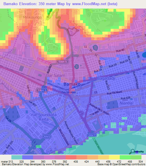 Bamako,Mali Elevation Map