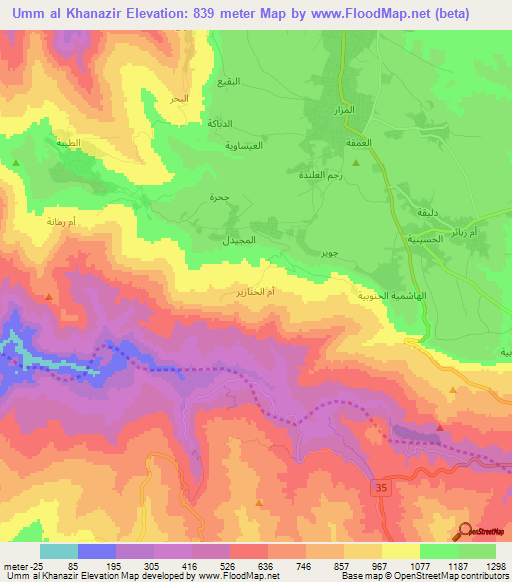 Umm al Khanazir,Jordan Elevation Map