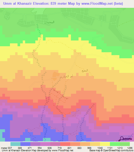 Umm al Khanazir,Jordan Elevation Map