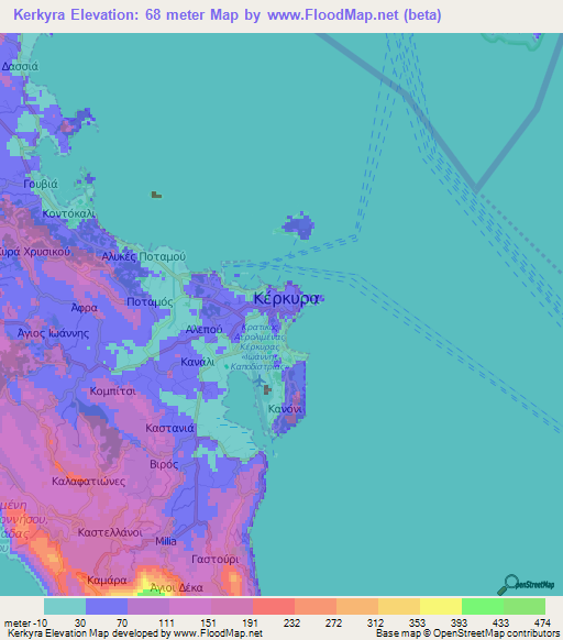 Kerkyra,Greece Elevation Map