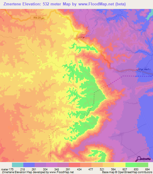 Zmertene,Tunisia Elevation Map