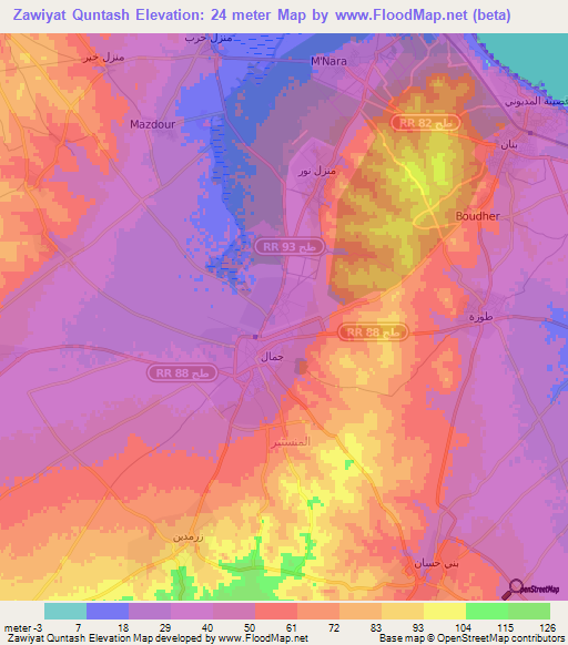 Zawiyat Quntash,Tunisia Elevation Map