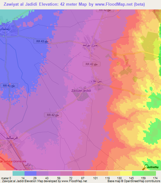 Zawiyat al Jadidi,Tunisia Elevation Map