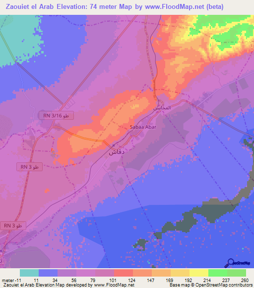 Zaouiet el Arab,Tunisia Elevation Map