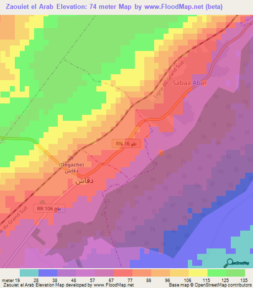 Zaouiet el Arab,Tunisia Elevation Map